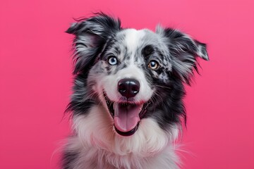 Fototapeta premium Cheerful Border Collie with Unique Eyes Against a Bright Pink Background