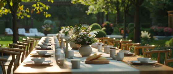 Fototapeta premium Elegant outdoor table adorned with flowers and tableware under soft sunlight, set in a serene garden for a peaceful gathering.