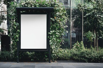 Blank billboard mockup designed for advertising at a bus stop surrounded by greenery