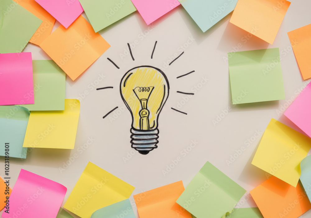 Poster light bulb drawing surrounded by colorful sticky notes representing brainstorming and finding new id