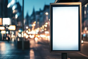 Mockup of a vertical billboard at a bus stop in an urban setting during evening hours
