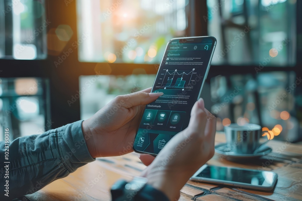 Poster closeup of hands holding a smartphone with data visualization on the screen.