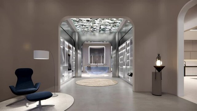Interior Empty Modern future house open space .Living room and pantry dining kitchen. home .modern monomal space interior .3D Rendering .
