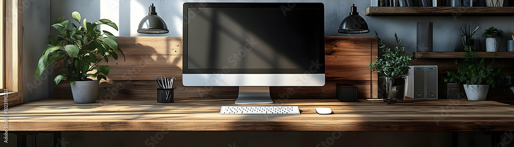 Poster monitor and desk organizer isolated - vector image of efficient home office setup for photo stock co