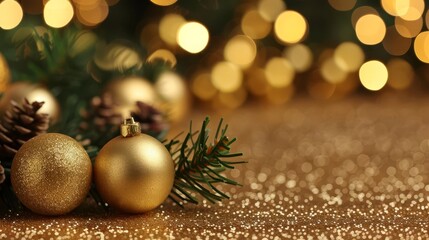 Golden Christmas ornaments and pine branches on a sparkly background.