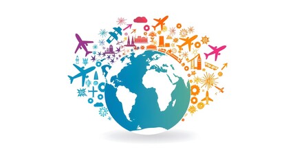 Colorful Global Travel and Icon on White Background