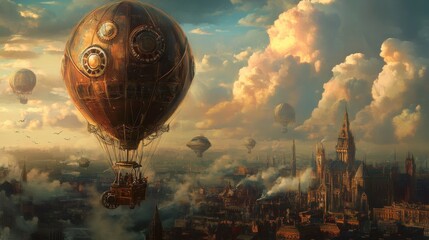 A steampunk hot air balloon with gears and cogs, floating above a Victorian cityscape. The sky is filled with puffy clouds and other airships sailing by.
