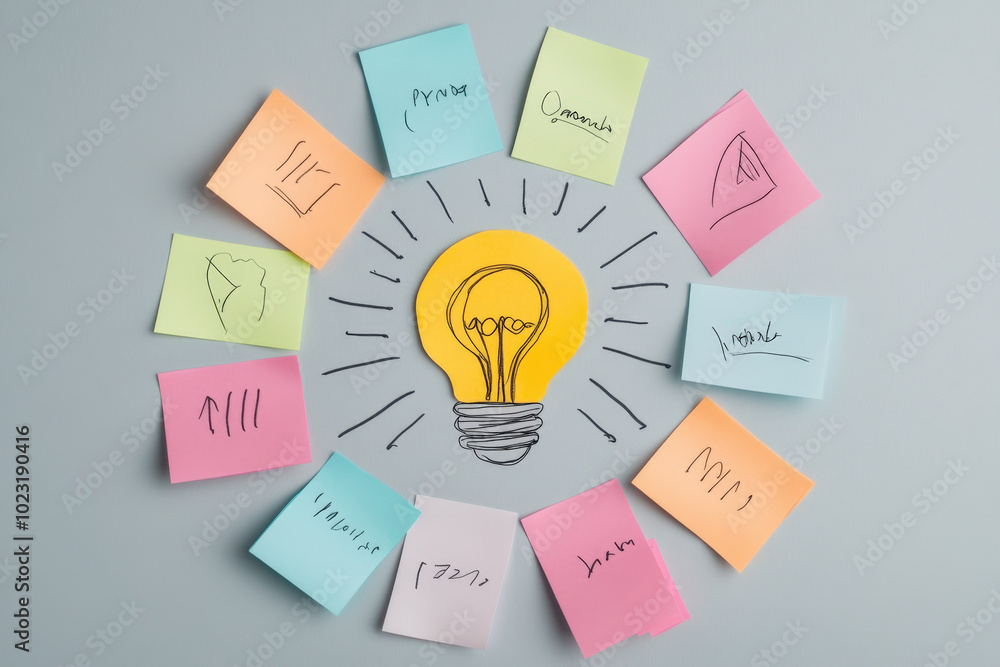 Poster light bulb surrounded by colorful sticky notes representing the concept of brainstorming and finding