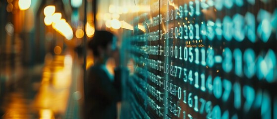 Pulsing digital numbers on a screen illustrate the energetic pulse of data and technology in a vibrant, futuristic setting.