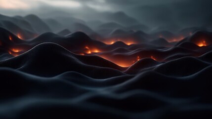 A dark, volcanic landscape with glowing lava flows amidst textured hills.