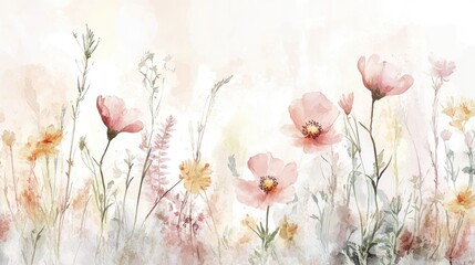 A graceful watercolor artwork of wildflowers, painted in an ancient style with muted, weathered colors and soft brush strokes