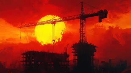 Naklejka premium A weathered red crane under a vibrant sunset with shades of gold and crimson, looming over the abandoned skeleton of a building, evoking a sense of lost potential.