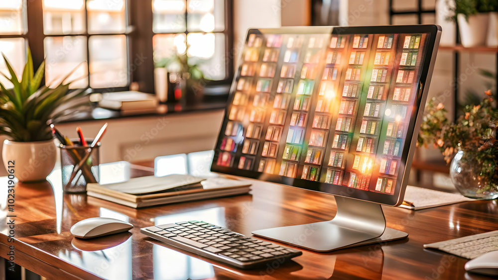 Aufkleber glossy desktop monitor featuring floating holographic loan documents and interest rate graphs in a p