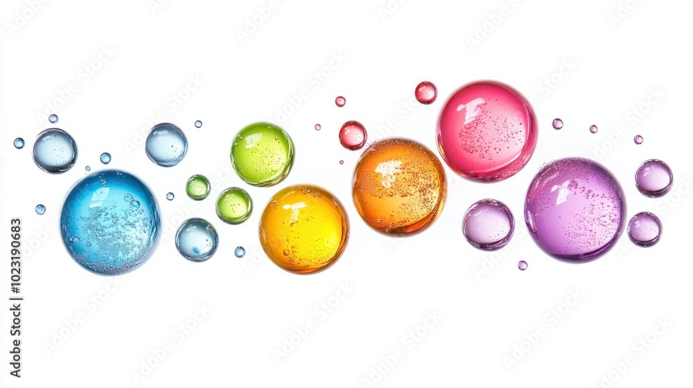 Poster a variety of colorful liquid bubbles floating in isolation on a white background