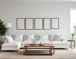A minimalist living room with a white sofa, a wooden coffee table, and three blank white frames on the wall.
