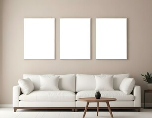 Fototapeta premium A minimalist living room with a white sofa, a wooden coffee table, and three blank white frames on the wall.
