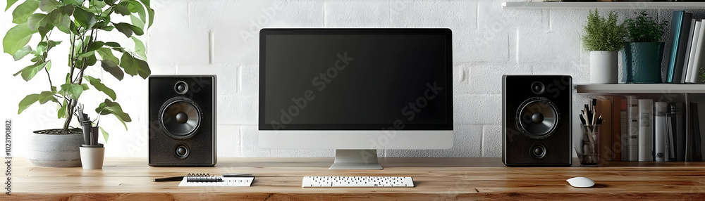 Poster desktop speaker and notebook isolated on white background - vector image representing tech-savvy and