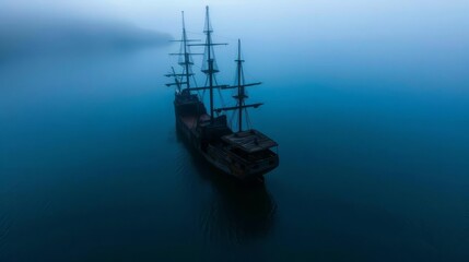 A lone sailing ship in a misty sea.
