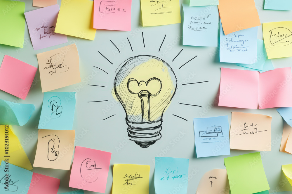 Poster hand drawn light bulb surrounded by colorful sticky notes representing brainstorming and finding new