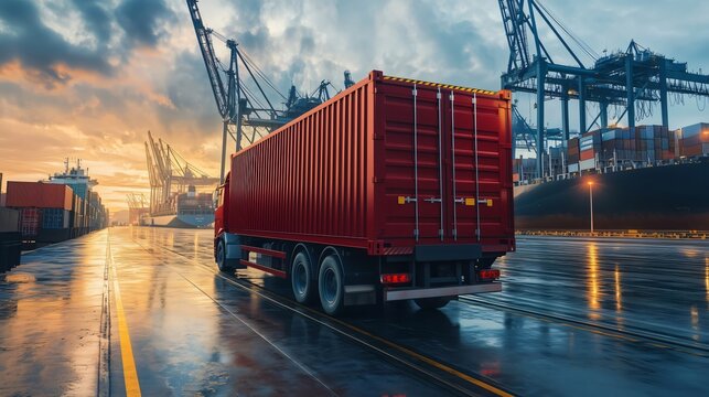 Red truck leaving container terminal at sunset after global shipping