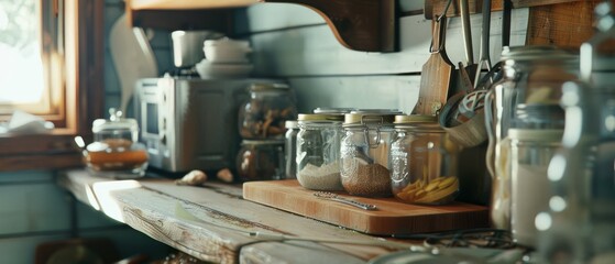 A rustic kitchen scene with sunlight streaming onto jars and kitchenware, evoking a vintage, country feel with a touch of nostalgia.