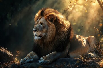 Majestic lion resting peacefully in a serene natural setting under soft sunlight