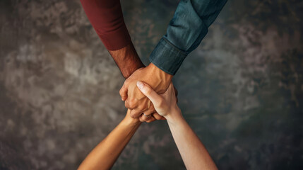 Three diverse hands clasped together in unity.
