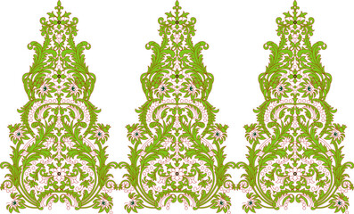 a green and white wallpaper with ornate designs