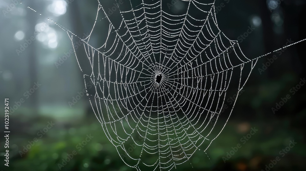 Poster a captivating spider web glistening with dew in a misty forest, showcasing intricate details against