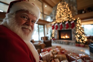 Santa Claus stands joyously with a background of a warmly decorated room featuring a glowing fireplace and a splendidly adorned Christmas tree with wrapped presents.