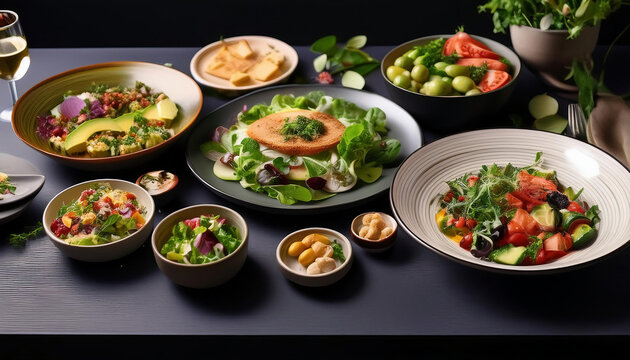 Variety of salads in bowls on dark background, close-up