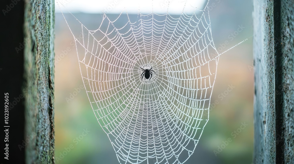 Poster A close-up view of a spider web glistening with dew, highlighting intricate patterns against a soft, blurred background.