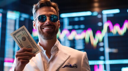 Confident businessman in sunglasses holding cash with financial charts in the background, representing success and wealth.