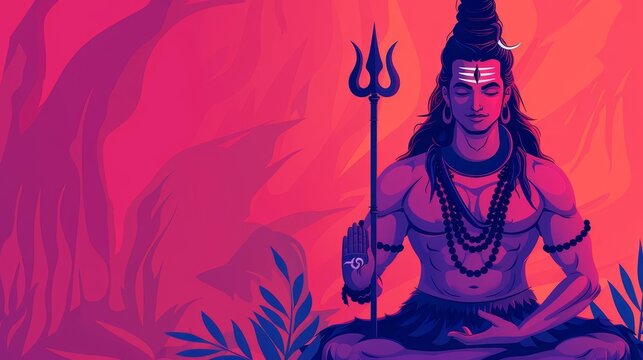 Hindu deity Shiva meditating with trident, colorful art style.