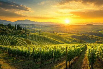 Fototapeta premium Scenic view of rolling Tuscan vineyards at sunset with golden hues illuminating the landscape