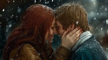 A close-up of a couple's noses touching with snowflakes falling around them