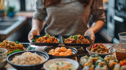 Obraz premium A person selects food from an array of takeout containers while preparing to enjoy a meal at home with a diverse selection of dishes
