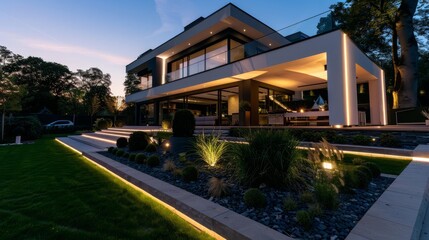 Obraz premium Modern house with outdoor lighting at night.