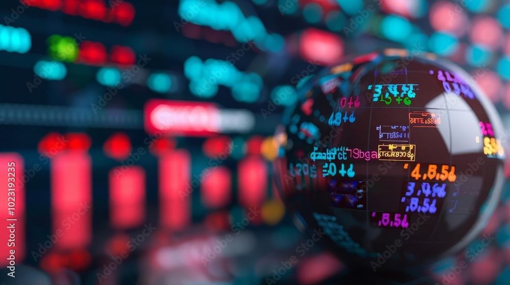 Poster global stock market data displayed on a sphere against a background of financial charts.