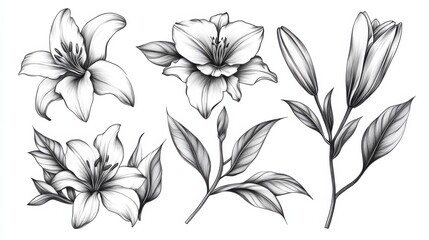 Obraz premium A set of lilies and leaves in a tattoo design, featuring elegant floral lines with black and white sketch engraving in scratchboard imitation style.