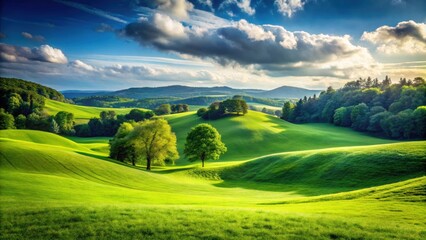 Naklejka premium Beautiful landscape with lush green grassy area and rolling hill in the background, scenic, nature, tranquil, green, grass