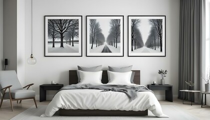A black and white landscape with three framed photographs depicting a tree-lined path in winter.
