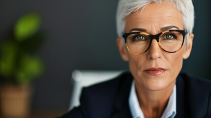 Portrait of a confident businesswoman in a suit with glasses looking at the camera.