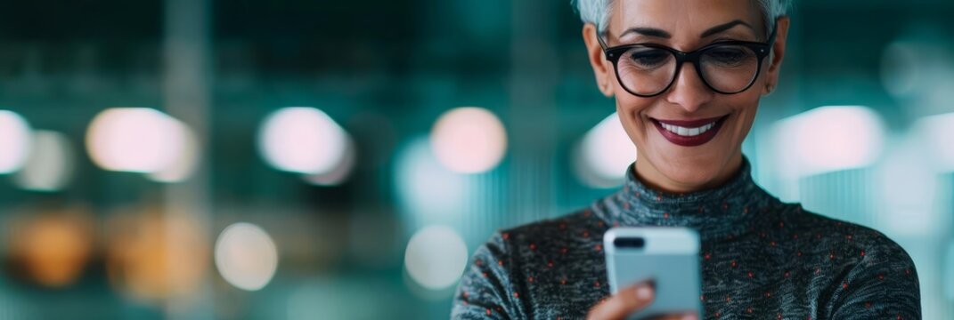 Mature businesswoman smiling while using a mobile phone in her office, capturing professionalism and modern connectivity with copy space