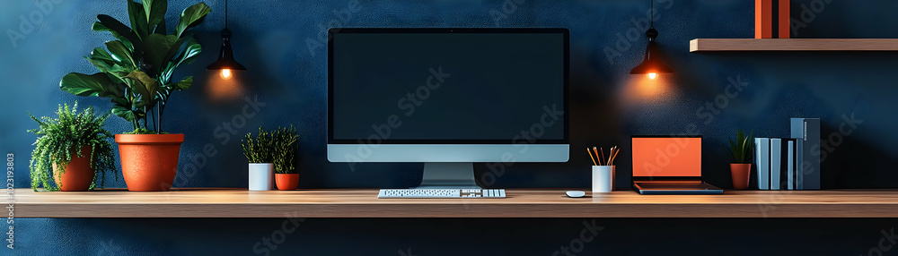 Poster efficient home office setup: monitor and desk organizer isolated on white - vector image for office 