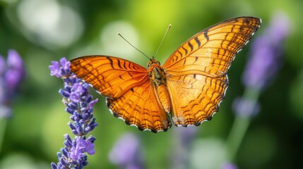 Obraz premium Close-up of a vibrant orange butterfly perched on a soft lavender flower. Delicate wings with intricate patterns illuminated by gentle sunlight. Blurred green background for contrast.