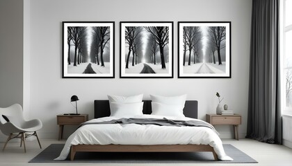 A black and white landscape with three framed photographs depicting a tree-lined path in winter.