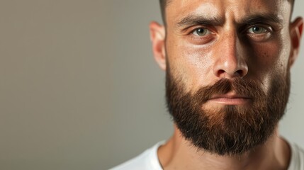 Obraz premium Close-up portrait of a bearded man with intense gaze.