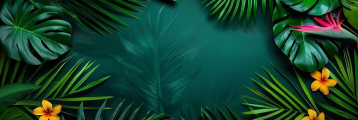 Tropical leaves and flowers frame a green background.