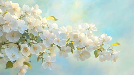 Obraz premium Apple tree in full bloom, white flowers glowing in the sunlight, against a soft pastel blue sky. A serene spring scene filled with nature's vibrant energy.